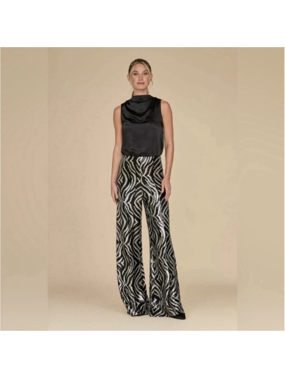 The Noli Shop NWT Sequin Wide Leg Zebra Pants Large Black Silver Lined 32”L